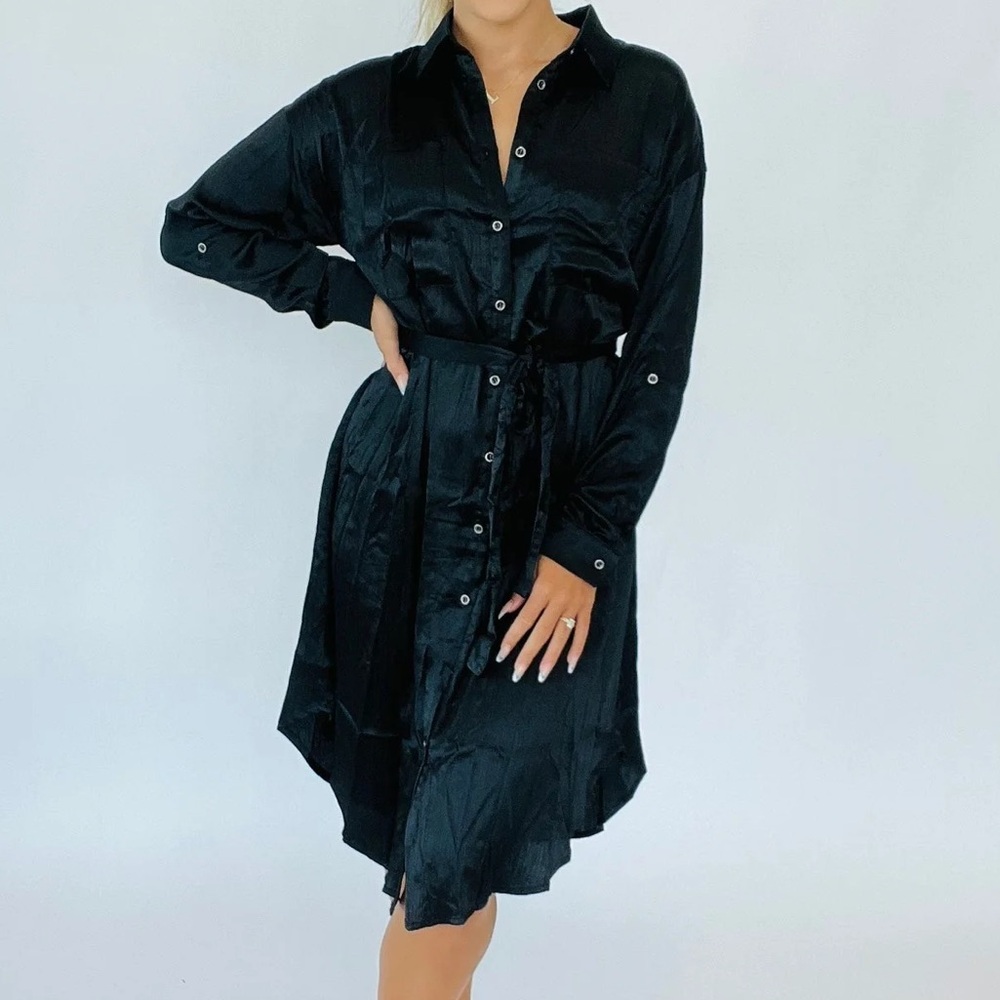 Andree By Unit Black Long Sleeve Satin Dress NWT